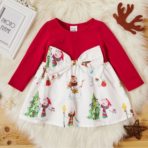 Christmas Snowman and Tree Print Bowknot Baby Girl Long-sleeve Dress