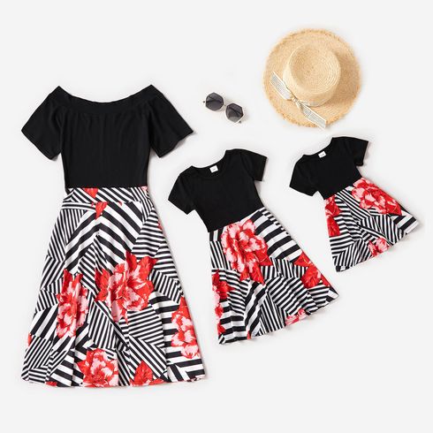 Off-shoulder Floral Splice Black Short-sleeve Matching Dresses