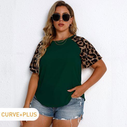 Women Plus Size Basics Leopard Print Short Raglan Sleeve T-shirt