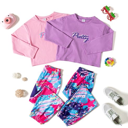 2-piece Kid Girl Letter Print Long-sleeve Tee and Painting Print Colorblock Pants Set