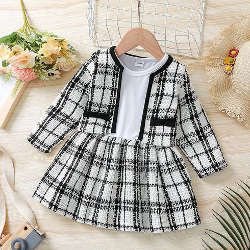 2-piece Toddler Girl Long-sleeve White Plaid Tweed Stitching Dress and Cardigan Set Black/White big image 1