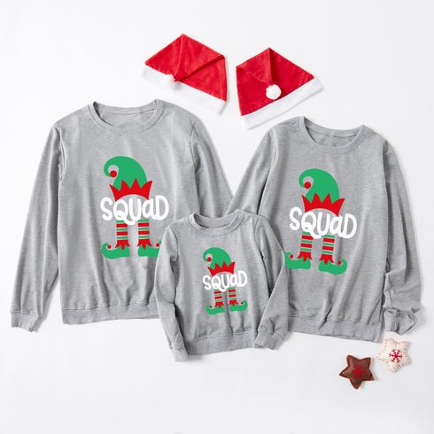 Christmas Elf and Letter Print Gray Family Matching Long Sleeve Sweatshirts