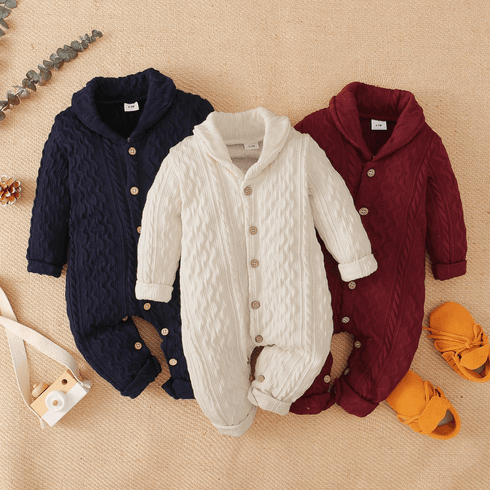 Solid Lapel Collar Button Down Long-sleeve Baby Knitted Sweater Jumpsuit