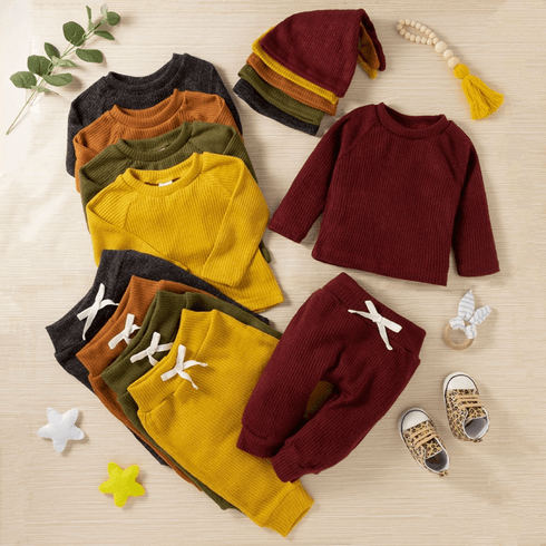 Baby Boy/Girl 3pcs Solid Ribbed Long-sleeve Pullover and Trouser Set