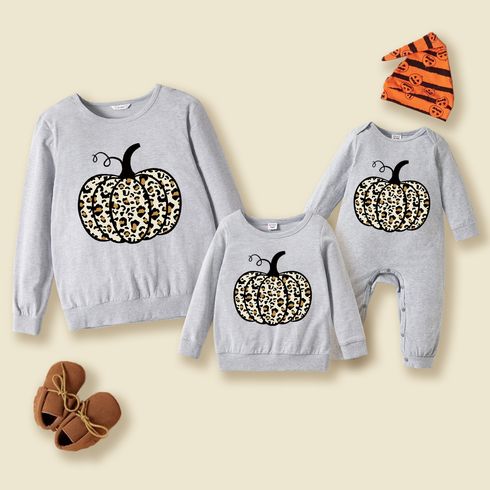 Halloween Leopard Pumpkin Print 100% Cotton Grey Long-sleeve Sweatshirts for Mom and Me