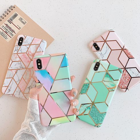 iPhone Square Case, Plating Geometry Marble Chic Slim Soft Silicone Protective Case for iPhone 7/7 Plus/11/11 Pro/11 Pro Max/12/12 Pro/12 Pro Max/12 Mini/X/XS Max/XR