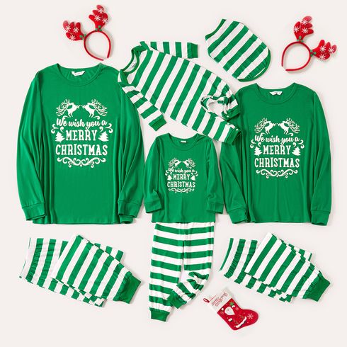 Christmas Letter and Plaid Print Snug Fit Green Family Matching Long-sleeve Pajamas Sets