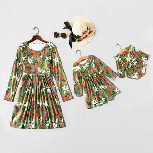 Floral Print Green Round Neck Long-sleeve Cotton Midi Dress for Mom and Me