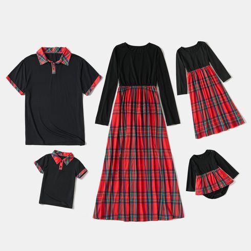 Red and Black Plaid Series Family Matching Sets(Long Sleeve Splice Print Dress and Polo Short Sleeve Shirt)