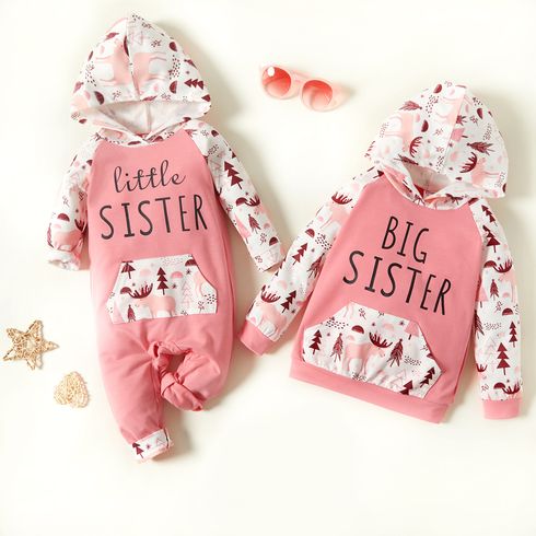 Letter Print Pink Floral Long-sleeve Hooded Sweatshirts for Sister and Me