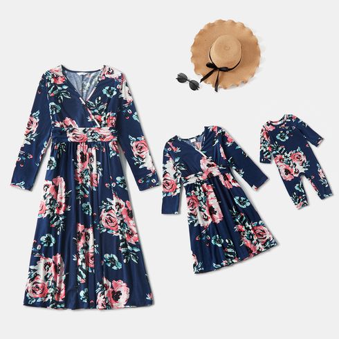 Floral Print Blue V Neck Long-sleeve Midi Dress for Mom and Me