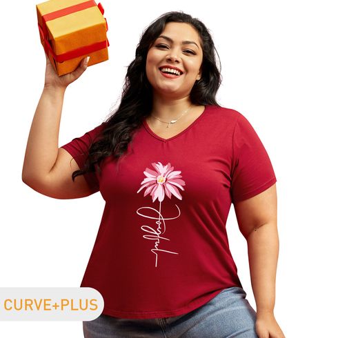 Women Plus Size Graphic Floral and Letter Print V Neck Short-sleeve Tee
