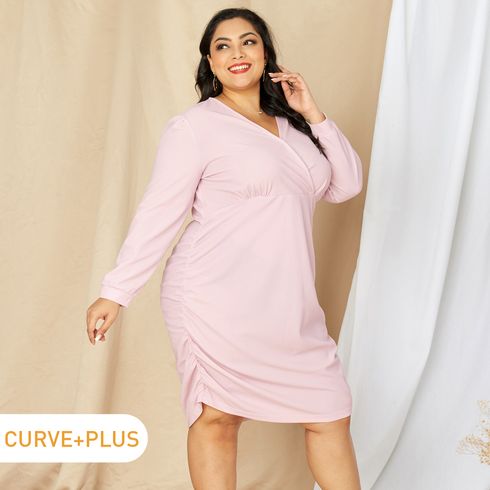 Women Plus Size Elegant V Neck Long-sleeve Pink Dress