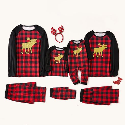 Christmas Reindeer Print Red Plaid Family Matching Raglan Long-sleeve Pajamas Sets (Flame Resistant)