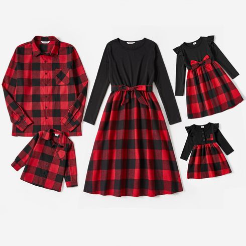 Red Plaid Splicing Black Long-sleeve Dresses and Shirts Sets
