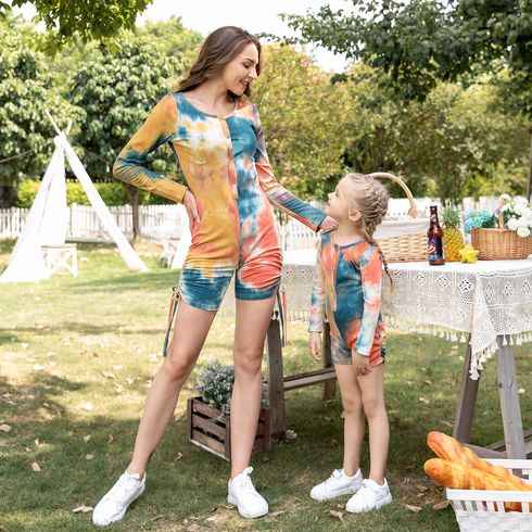 Tie Dye Round Neck Long-sleeve Cotton Ribbed Romper Shorts for Mom and Me