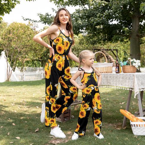Sunflower Floral Print Spaghetti Strap Jumpsuit Romper for Mom and Me