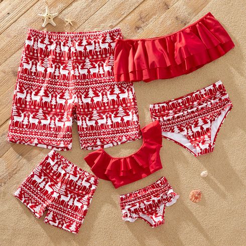 عائلة الكريسماس مطابقة لجميع ملابس السباحة الحمراء المطاطة بطباعة الرنة
