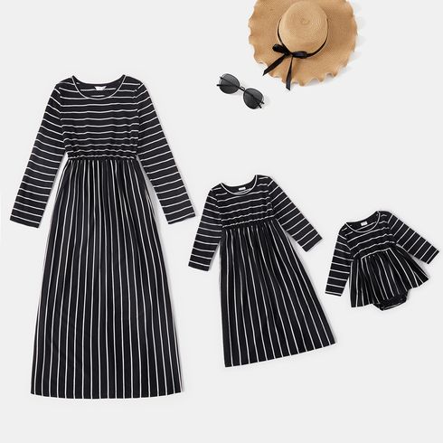 Black Striped Round Neck Long-sleeve Casual Maxi Dress for Mom and Me