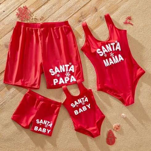 Christmas Letter Print Red Family Matching U Neck Sleeveless Swimsuits