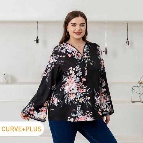 Women Plus Size Elegant Floral Print Zipper Long-sleeve Blouse