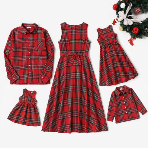Christmas Red Plaid Sleeveless Bowknot Midi Dresses and Long-sleeve Shirts Sets