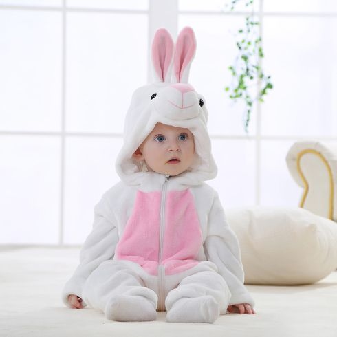 Bunny Design Hooded 3D Ear and Tail Decor Long-sleeve White or Pink Baby Jumpsuit