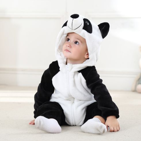 Panda Design Hooded 3D Ear and Tail Decor Long-sleeve Black and White Baby Jumpsuit