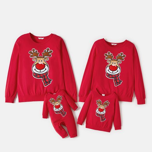 Christmas Cartoon Reindeer Embroidered Red Family Matching Long-sleeve Sweatshirts