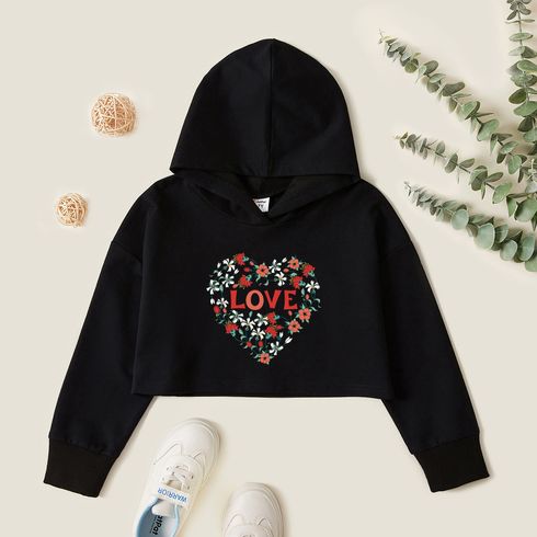 Kid Girl Graphic Heart-shaped and  Floral and Letter Print Long-sleeve Hooded Pullover