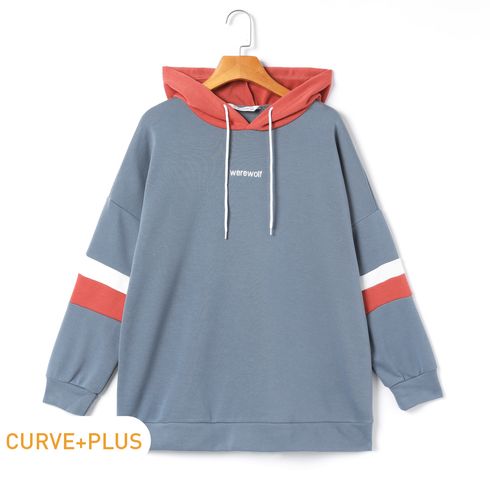 Women Plus Size Basics Letter Print Drawstring Colorblock Hoodie Sweatshirt