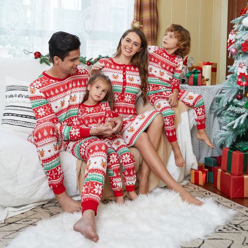 Family Matching Allover Red Christmas Snowflake Print Long-sleeve Pajamas Set(Flame Resistant)