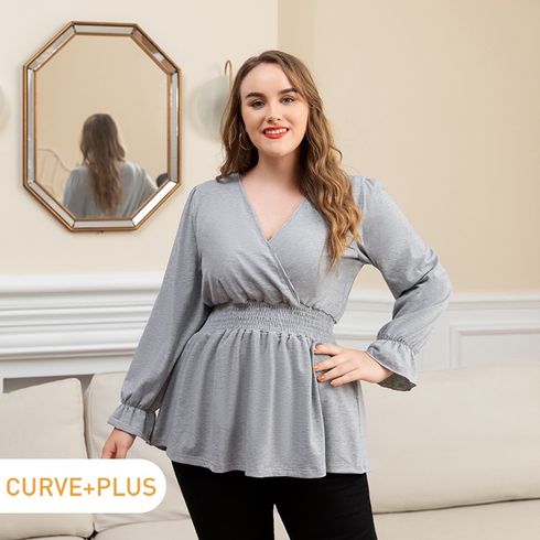 Women Plus Size Basics Surplice Neck Smocked Long-sleeve Blouse