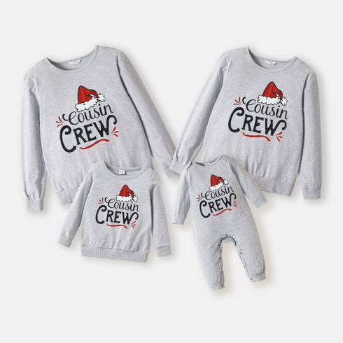 Christmas Hat and Letter Print Grey Family Matching Long-sleeve Sweatshirts