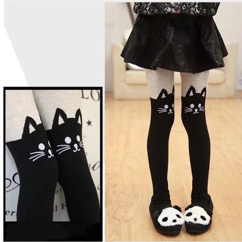 Kid Girl Cat Print Colorblock Footie Leggings
