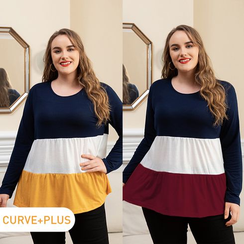 Women Plus Size Casual Colorblock Long-sleeve Tiered Tee