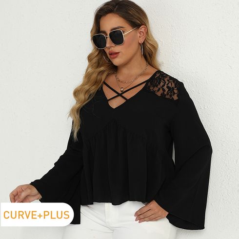 Women Plus Size Elegant Crisscross Lace Design Bell sleeves Blouse