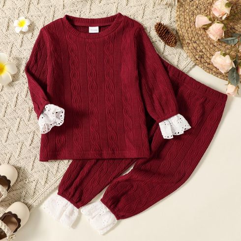 2-piece Toddler Girl Cable Knit Textured Schiffy Cuff Long-sleeve Top and Burgundy Elasticized Pants Set