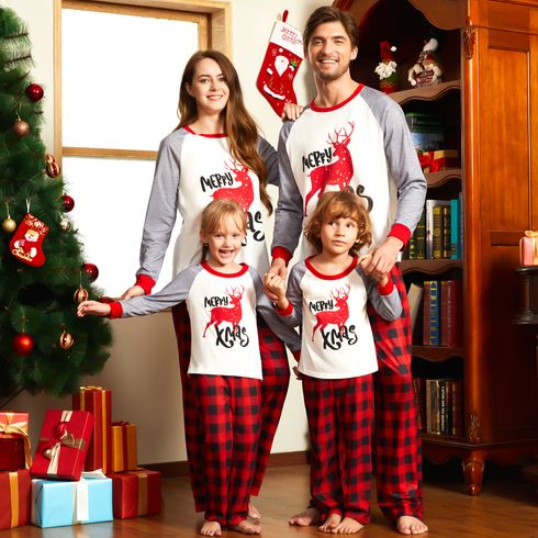 Christmas Reindeer and Letter Print Family Matching Raglan Long-sleeve Red Plaid Pajamas Sets (Flame Resistant)