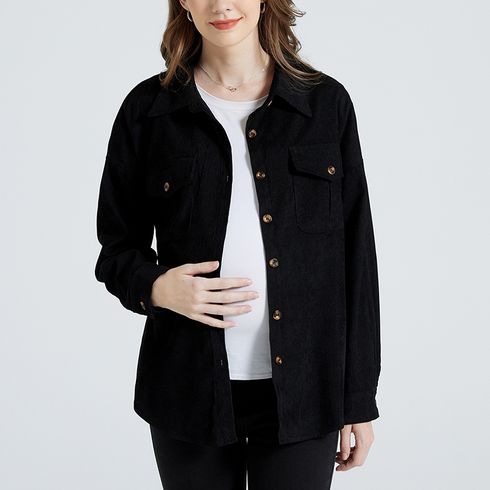 casaco preto de manga comprida com bolso com aba de maternidade