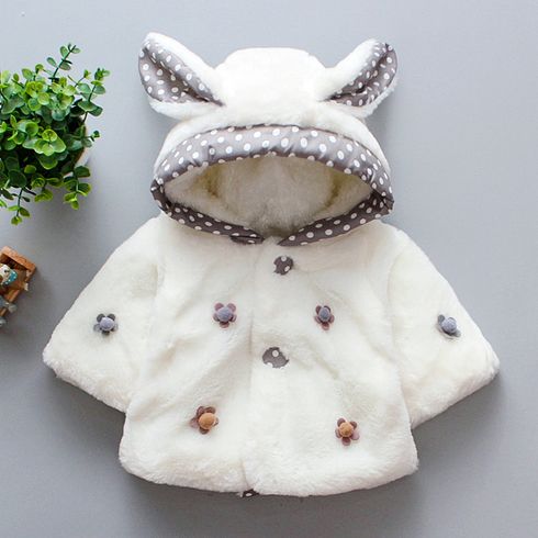 Solid Polka Dots Splice 3D Floral Decor Hooded 3D Ear and Tail Decor Fluffy Fleece-lining Long-sleeve White or Pink or Red Baby Coat Jacket