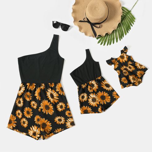 Black Ribbed Sleeveless One Shoulder Splicing Sunflowers Floral Print Romper Shorts for Mom and Me