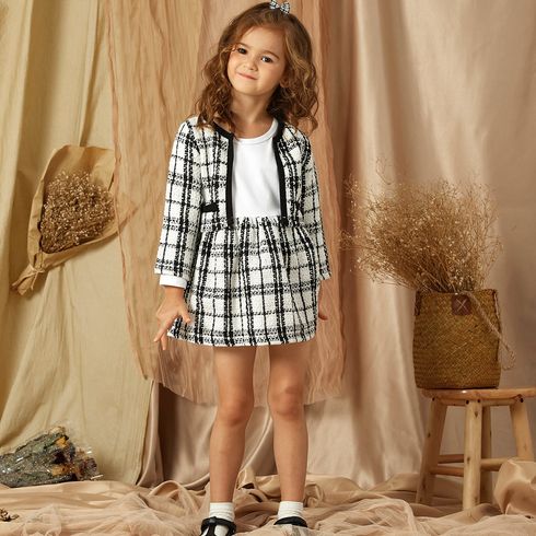 2-piece Toddler Girl Long-sleeve White Plaid Tweed Stitching Dress and Cardigan Set Black/White big image 3