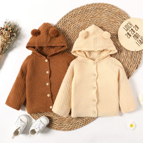 Baby Boy/Girl Solid Knitted Pom Poms Hooded Long-sleeve Button Outwear