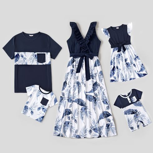 Family Matching Solid V Neck Ruffle Sleeveless Splicing Palm Leaf Print Dresses and Short-sleeve T-shirts Sets