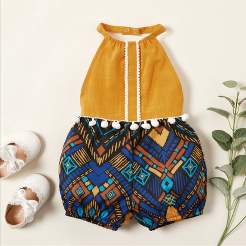 Baby Girl 100% Cotton Sleeveless Pom Poms Decor Halter Neck Splicing Boho Print Romper