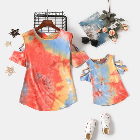 Tie Dye Round Neck Cold Shoulder Short-sleeve Tops for Mom and Me