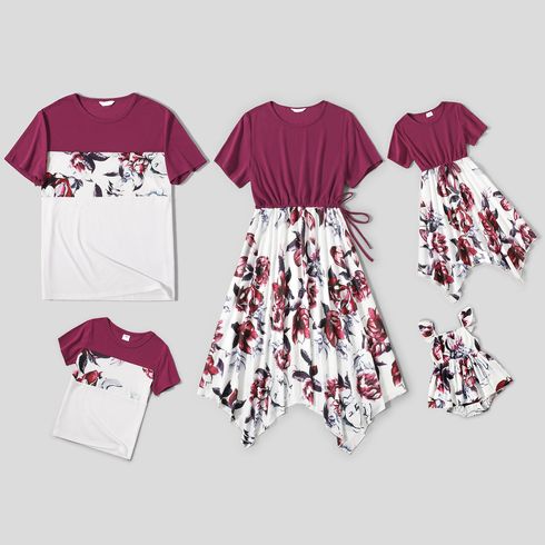 Family Matching Solid Short-sleeve Splicing Floral Print Irregular Hem Dresses and Colorblock T-shirts Sets