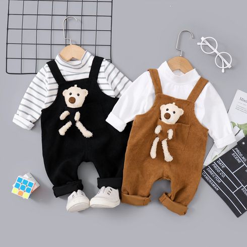 2pcs Baby Boy/Girl Mock Turtleneck Long-sleeve Top and Teddy Bear Stuffed Toy Design Overalls Set
