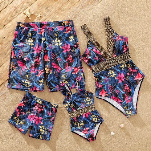 Family Matching All Over Floral Print Swim Trunks Shorts and Golden Webbing Sleeveless One-Piece Swimsuit